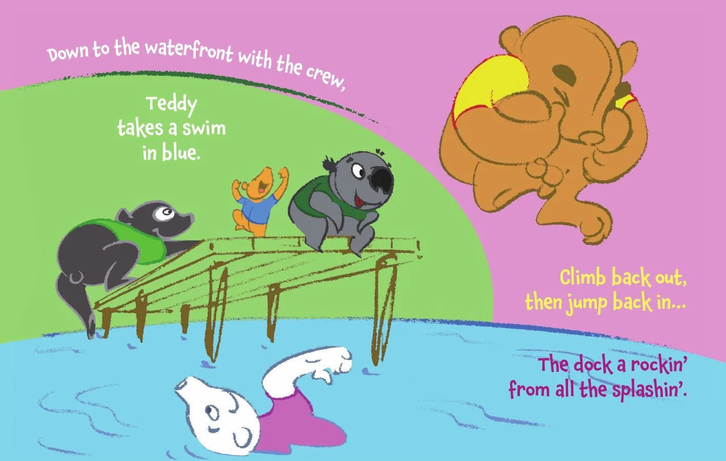 Teddy and his new friends swim and jump from the camp dock.