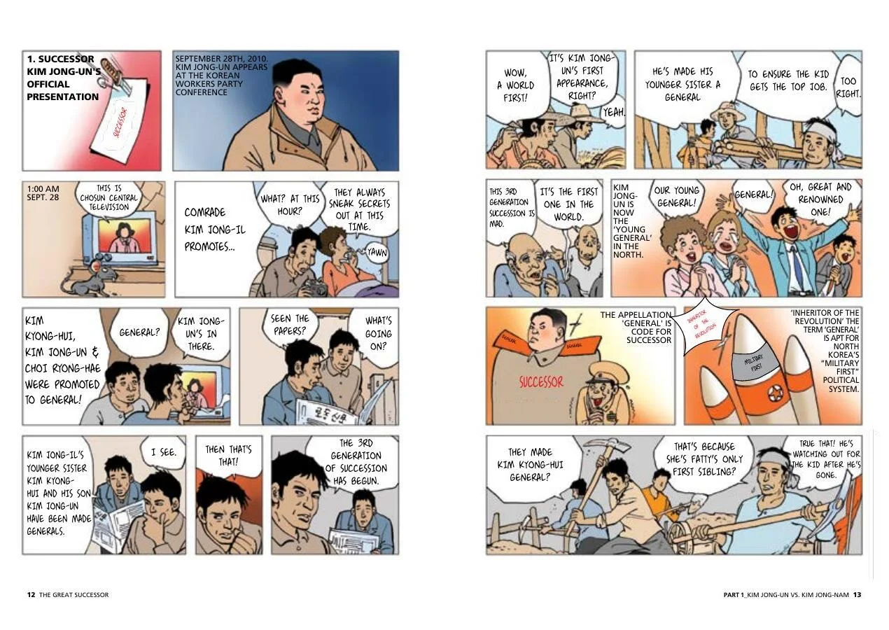 Comic panels show the televised announcement that Kim Jong-un has been promoted to general.