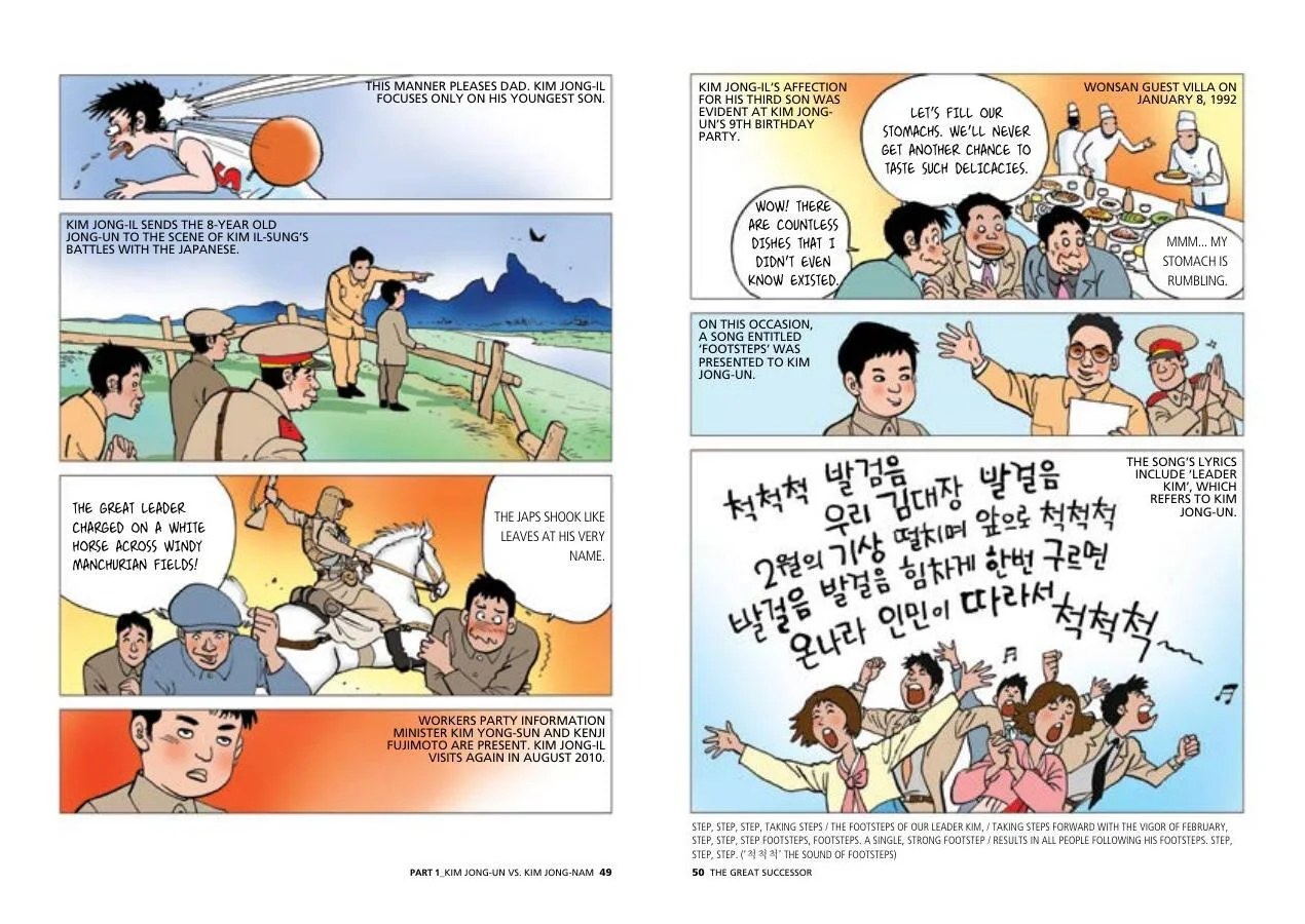Comic panels depict stories from Kim Jong-un’s childhood and his father’s growing preference for him.