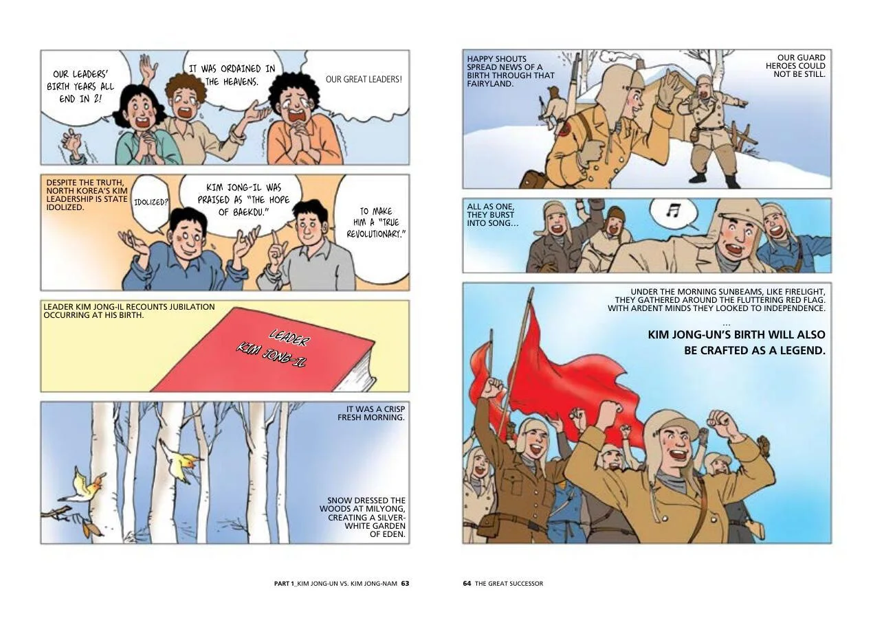 Graphic pages examine the state-created legends surrounding the Kim family’s births.