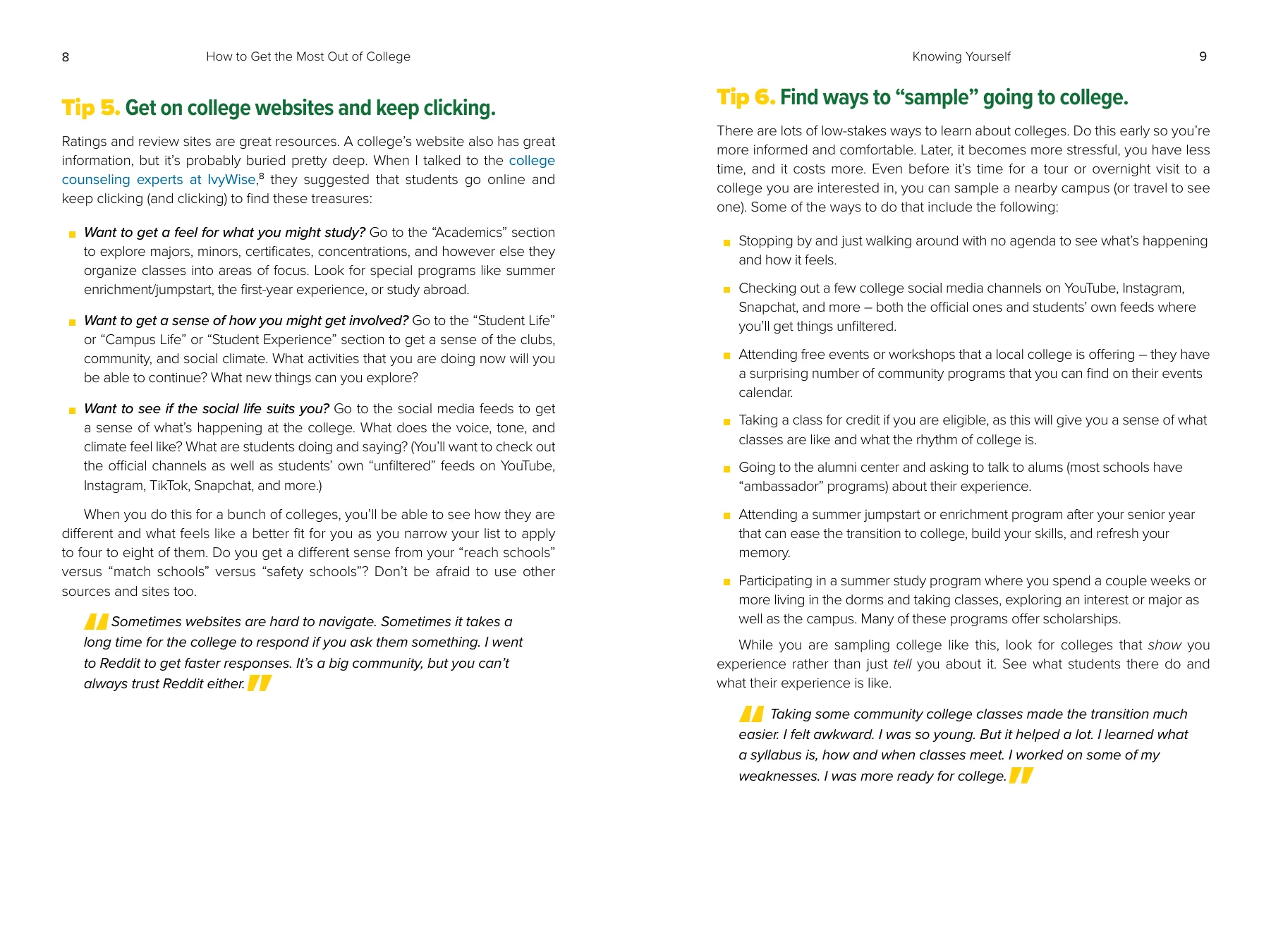 Actual facing pages 8 and 9 of How to Get the Most Out of College, with practical ways to explore college.