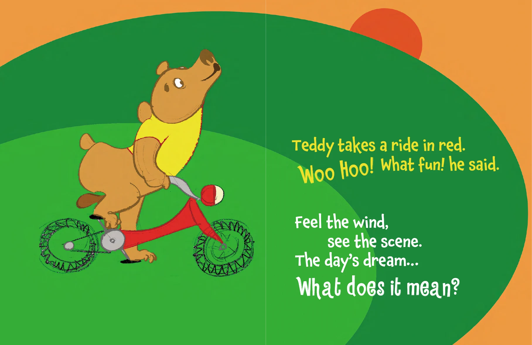 Facing pages from Teddy’s Day: Teddy rides his red bicycle and wonders what the day will bring.
