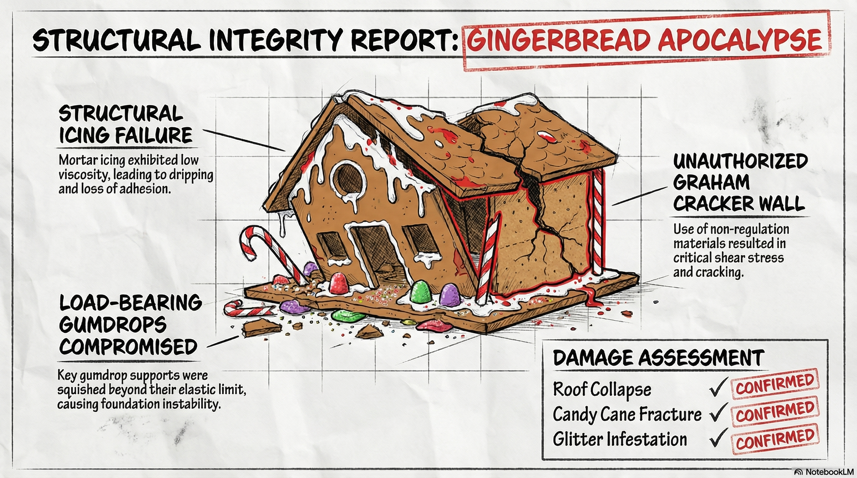 Gingerbread Apocalypse development artwork: a collapsed cookie house diagnosed with structural icing failure and compromised load-bearing gumdrops